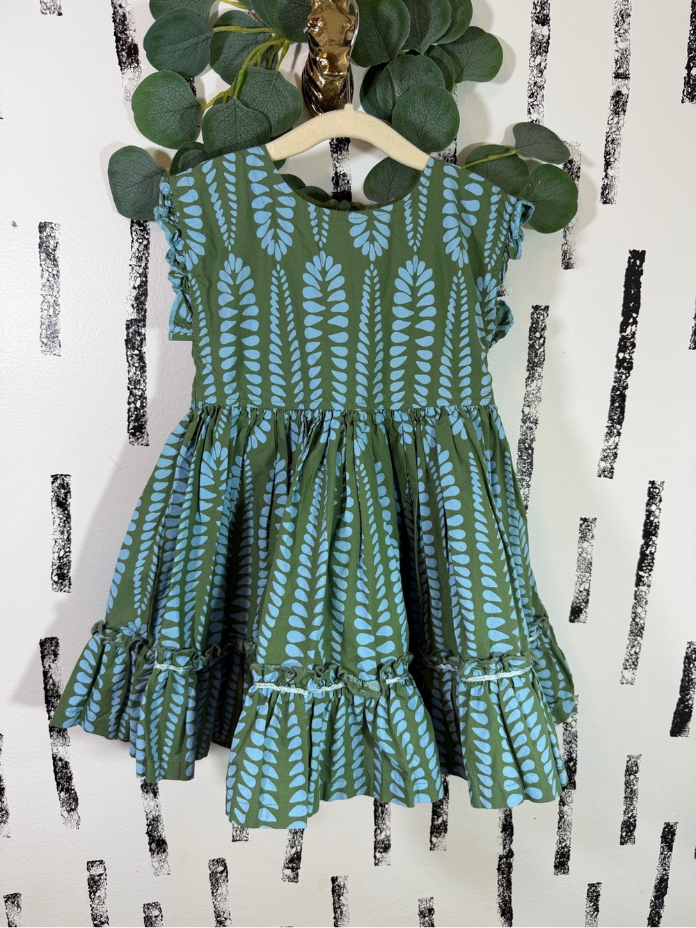 Pink Chicken Elsie Green Blue Botanical Print Cotton Toddler Girls Dress Size 3Y